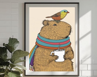 Può includere: Un'illustrazione colorata di un capibara che indossa una sciarpa a righe e tiene una tazza di caffè. Un piccolo uccello con piume blu, gialle e rosse si posa sulla testa del capibara.
