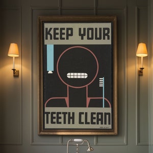 May include: A vintage-style bathroom with a freestanding bathtub, a framed poster with the text "Keep Your Teeth Clean", and two wall sconces with light bulbs.