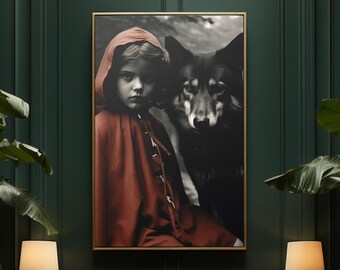 Póster Foto de cuento de hadas con arte de pared de niña Caperucita Roja vintage con lobo