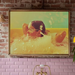 Retro Bath Wall Art Sepia Vintage Photo Bathtub Art Poster Print Girl in Bath Print