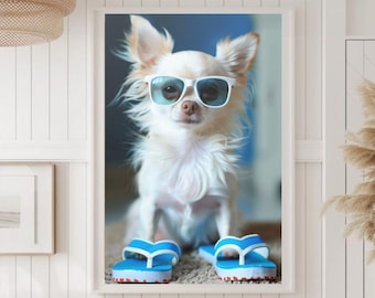 Arte divertido de la pared del perro Arte de la pared de Chihuahua Perro con gafas Arte divertido de la playa Póster del perro Gafas de sol Impresión fotográfica