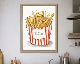 Pommes Frites Aquarell Illustration Druck Pommes Aquarell, Eat Me Wandkunst, lustiges Poster, Küchenkunst