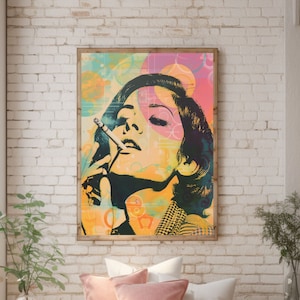 Chica retro fumando años 60 años 70 Arte glamuroso vintage Cigarrillo Arte de la pared Chica fumando Póster
