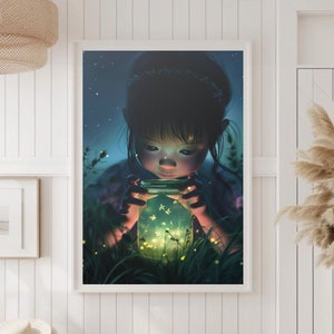 Firefly Magische Wand Kunst Glühwürmchen Wand Kunst Kleines Mädchen mit einem Glas Glühwürmchen Nacht Wand Kunst