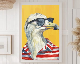 Funny Seagull Wall Art Seagull Poster Cute Sunglasses Seagull Beach Wall Art Summer Print Watercolor seagull