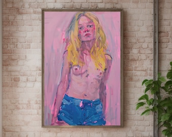Pink Topless Girl Oil Painting Girl Wall Art Naked Woman Print