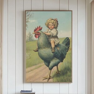 Arte de pared antiguo Niña sobre un gallo Arte de pared Póster antiguo Póster de niño y pollo Impresión de niño lindo