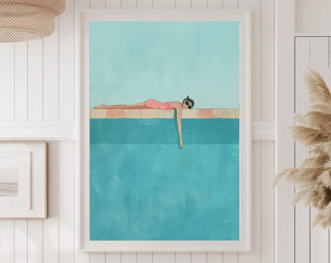 Original Artwork by Anastasia Ames - Lazy By The Pool - Summer Wall Art Swimming Pool Poster Girl Print