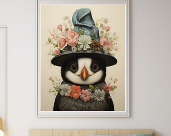 Vintage Style Flower Magpie Children Illustration Poster