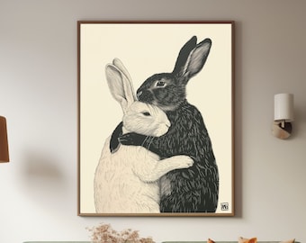 May include: A black and white illustration of two rabbits hugging. The rabbits are drawn in a realistic style and are set against a cream background.
