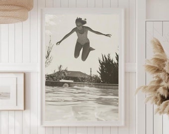 Vintage Wall Art Retro Water Jump Poster Swimming Pool Wall Art Girl in Pool Print