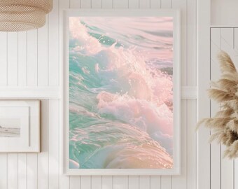 May include: A framed print of a wave crashing, with shades of pink, teal, and white. The image is displayed in a bright, white-paneled room with a wooden bench, a woven rug, and a large woven basket.