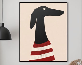Puede incluir: Una ilustración en blanco y negro de un perro con un suéter a rayas rojas y blancas. El perro mira hacia la derecha y tiene un hocico largo.