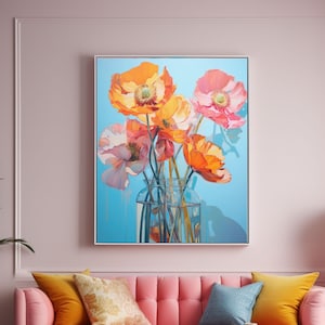 Amapolas en un jarrón, arte de pared, Amapolas en colores pastel Póster