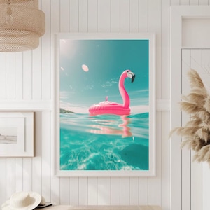 Preppy Beach Wall Art, Pink Flamingo Photo Poster, Trendy Wall Art, Beach House Print, Bathroom Wall Art