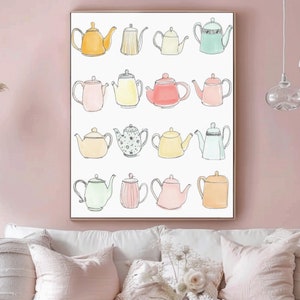 May include: A white framed print with a watercolor illustration of 18 teapots in various colors and designs. The teapots are arranged in a grid pattern on a white background.