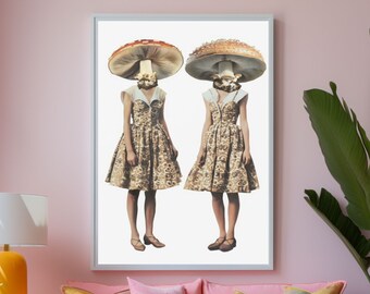 Retro Surreal Wall Art Collage Print Vintage Mushrooms Wall Art Retro Surrealism Wall Art