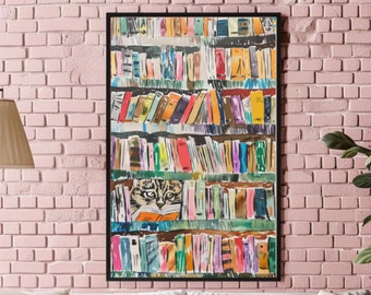 Library Wall Art Cat Reading a Book Poster Funny Cat Wall Art Cute Library Print Reading Poster