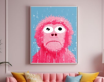 Sad Pink Monkey Original Art Painting Wall Art Monkey Illustration Poster