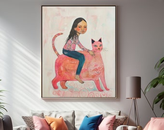 A Girl and her Pink Cat Wall Art Cat Poster Cute Print