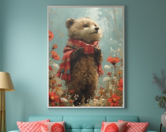Cute Baby Bear Wearing Scarf Wall Art Reproduction Print Cute Bear Wall Art Baby Bear Poster