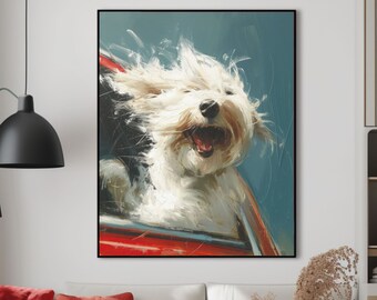 Puede incluir: Un perro blanco con la cabeza asomando por la ventana de un coche rojo, con la lengua fuera y el pelo al viento. El perro sonríe y parece disfrutar del paseo.