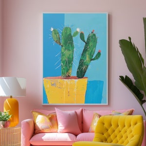 Niedliche Kaktus Wandkunst, Gelb, Grün, Blau Illustration Druck, Lustiger Kaktus Poster