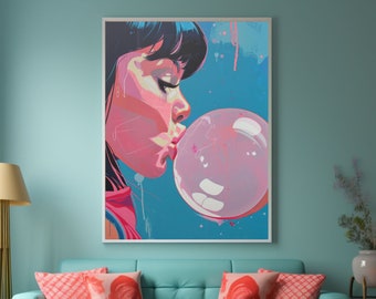 Mädchen mit einem Kaugummi Wand Kunst Bubble Poster Bubble Gum Print