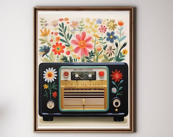 May include: A vintage black radio with a gold dial and floral accents. The radio is surrounded by colorful flowers and greenery.