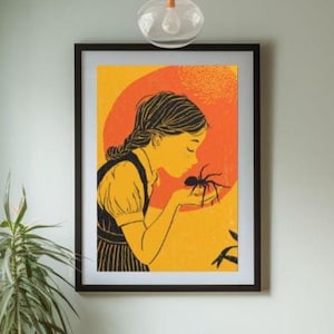 Retro Poster Girl Kissing Spider Wall Art Vintage Spider Print Cute Girl Print