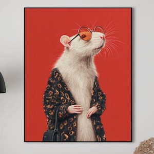 Chique kunst aan de muur rat, trendy muurdecoratie, grillige poster, poster grappige rat, poster muis, muurkunst muis