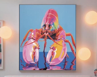 Arte da parete con aragosta rosa, poster con aragosta, colori dell'arcobaleno