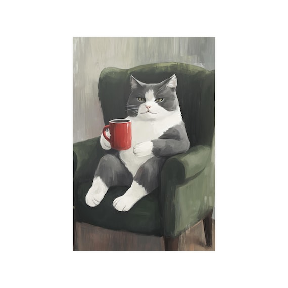 絵画。原画【シャム猫は週末にきれいで暖かい部屋を配置してからコーヒーを飲みます】 絵画。原画【シャム猫は週末にきれいで暖かい部屋を配置してから