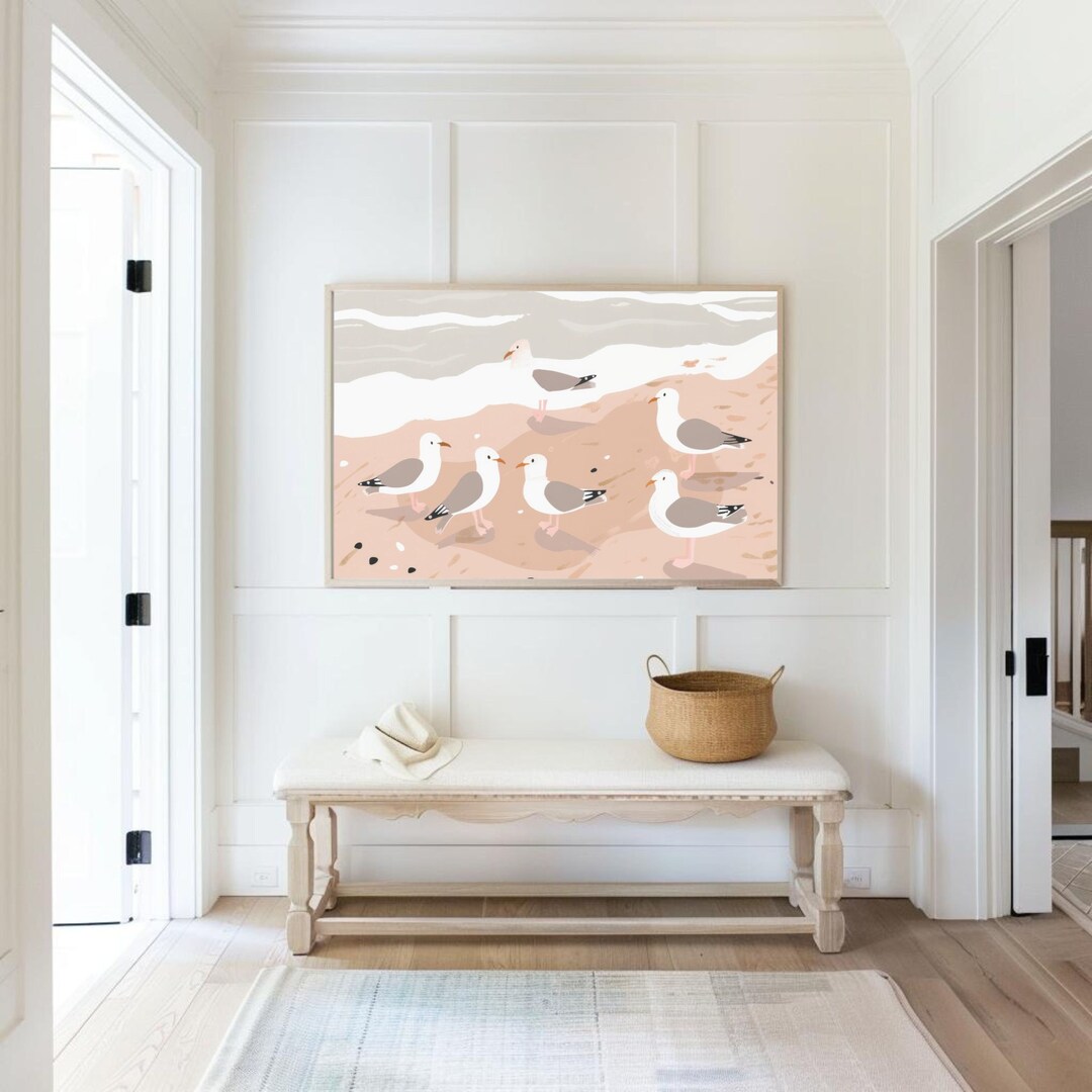 Cute Seagulls on the Beach Wall Art Seagulls Poster Pink Beach Print ...