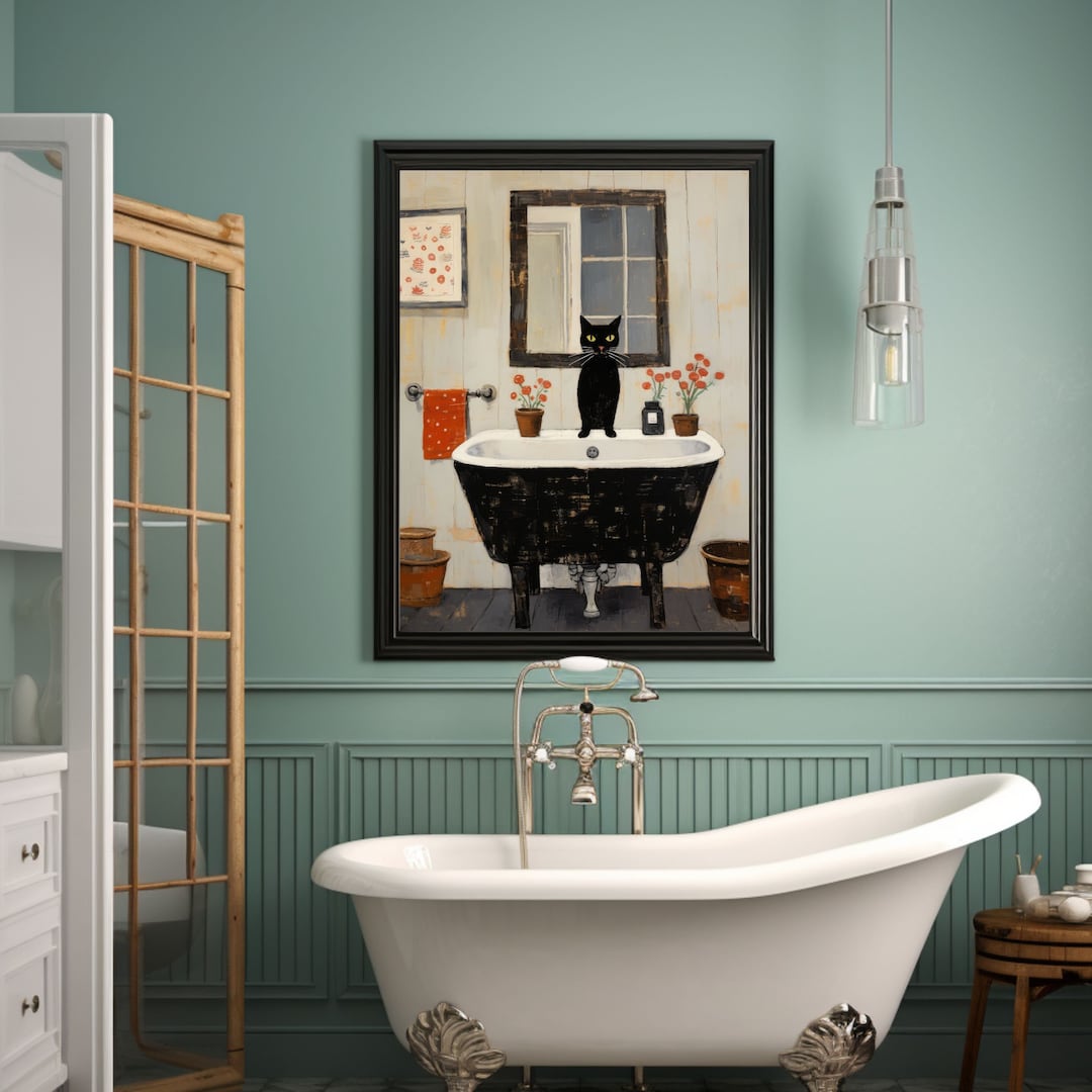 Black Cat Painting Print Bathroom Decor Bathroom Wall Art Poster - Etsy