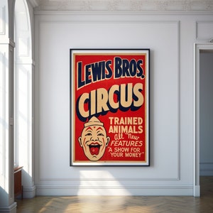 Antique Circus Poster Circus Illustration Vintage Circus Clown Poster Lewis Bros Circus Print