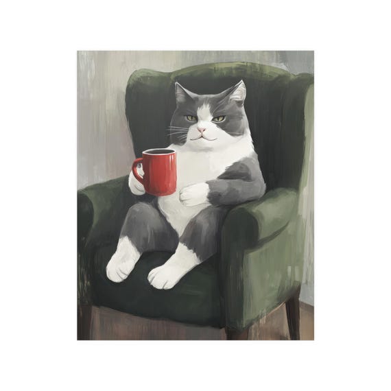 コーヒーを飲んだ猫の壁アート 猫の絵 面白い缶のポスター コーヒー