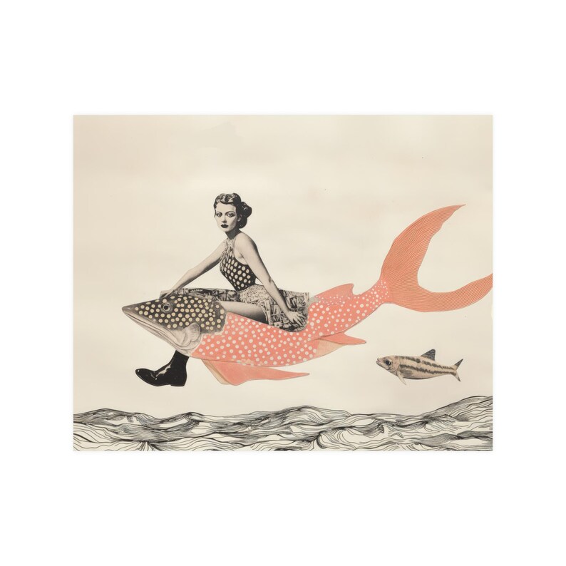 Retro Collage Wandkunst, wunderliches Poster Vintage Stil Mädchen auf einem Fisch, einzigartiges Wohndekor, nautische Wandkunst Bild 5