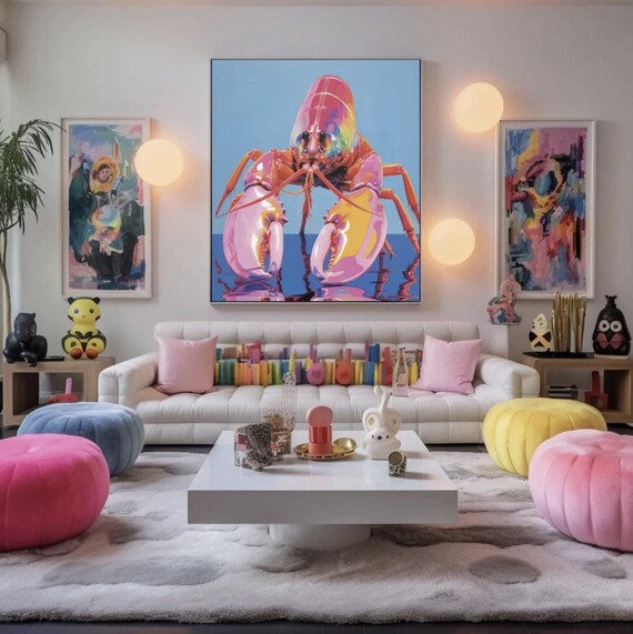 Oversized Pink Lobster Wall Art Lobster Poster Rainbow Colors Art