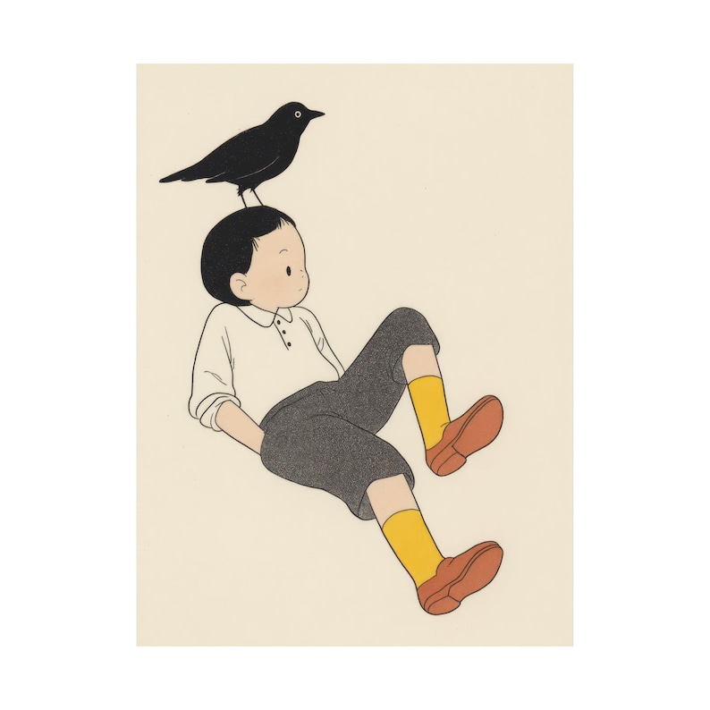 A Boy and a Crow Wall Art, Cute Bird and Boy Poster, Nursery or ...