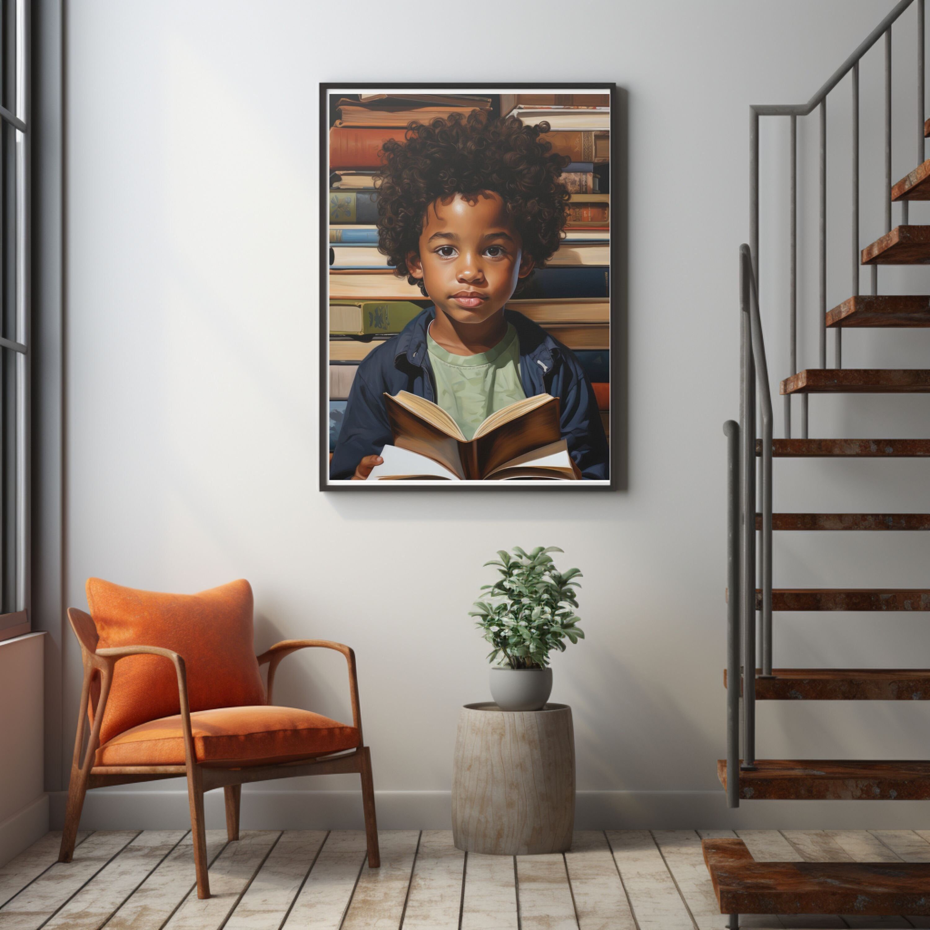Library Wall Art African American Reading Boy with Book Poster