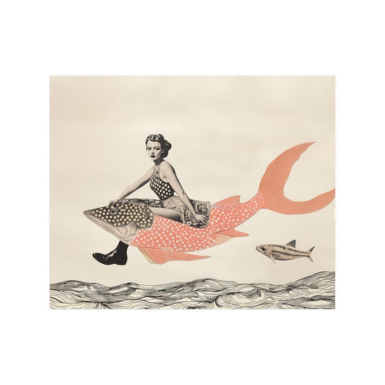 Retro Collage Wall Art Whimsical Poster Vintage Style Girl on a Fish