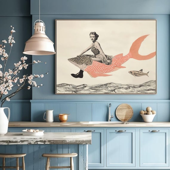 Retro Collage Wall Art Whimsical Poster Vintage Style Girl on a Fish Print, Unique Home Decor, Nautical Wall Art