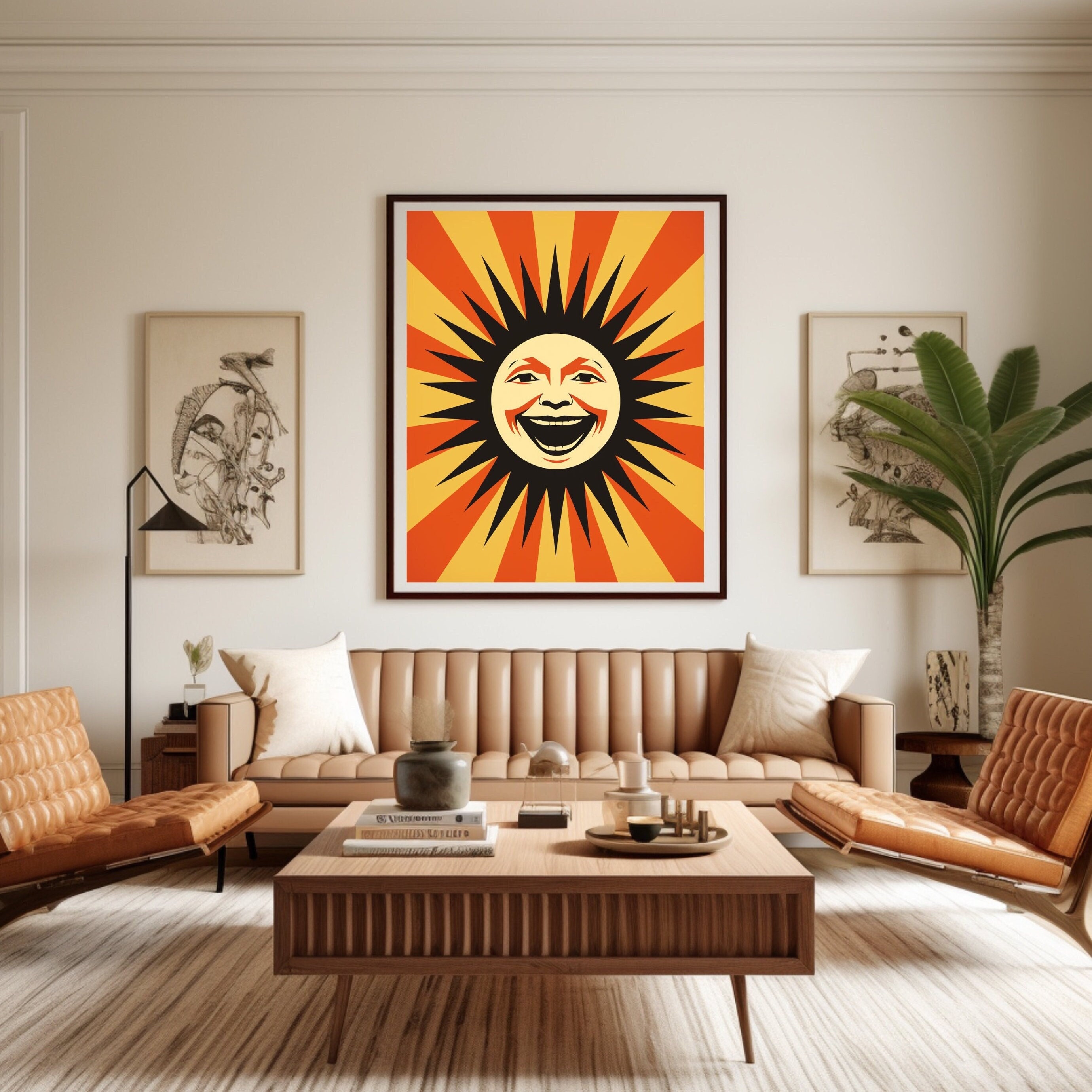 Laughing Sun Wall Art Sun Poster, Vintage Retro Art