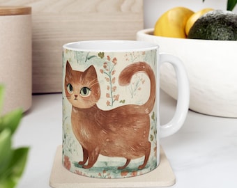 Whimsical Cat Ceramic Mug | Cute Floral Coffee Cup | Cat Lover Gift | Tea Mug | Vintage Style Kitchen Decor, Pet Lovers, Cat-Themed Gifts