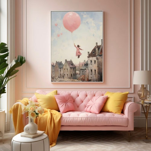 Art mural fille volant sur un ballon rose, joli poster ballon