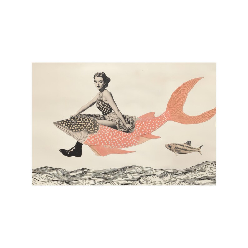 Retro Collage Wandkunst, wunderliches Poster Vintage Stil Mädchen auf einem Fisch, einzigartiges Wohndekor, nautische Wandkunst Bild 7