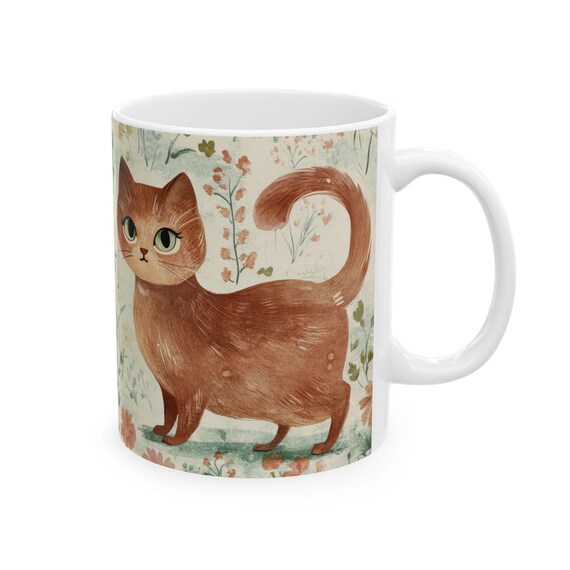 気まぐれな猫の陶器マグ | かわいい花柄コーヒーカップ | 猫好きへの