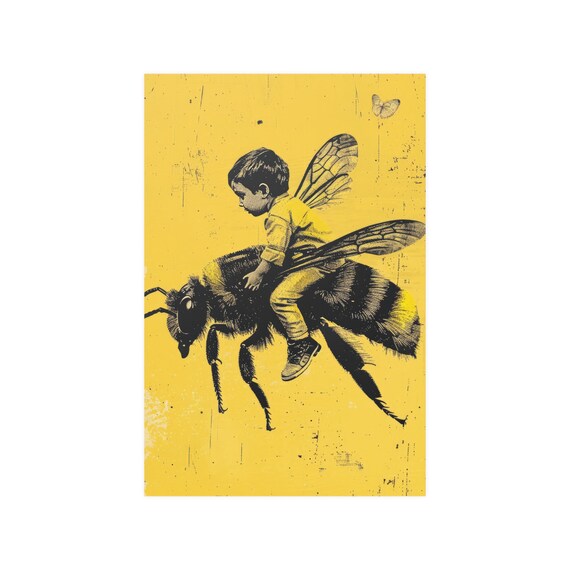 Vintage Boy on a Bee Wall Art Yellow Poster Boy Flying on a Bee