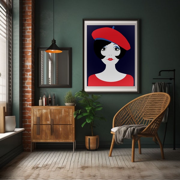 Retro Vintage Portrait Poster French Woman Retro Poster 60ies French Portrait Poster Print French Woman in Beret Print